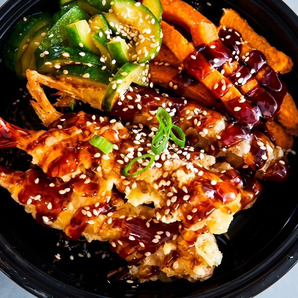 Crispy glazed chicken pieces topped with sesame seeds and green onions, served with cucumber salad on a black plate.