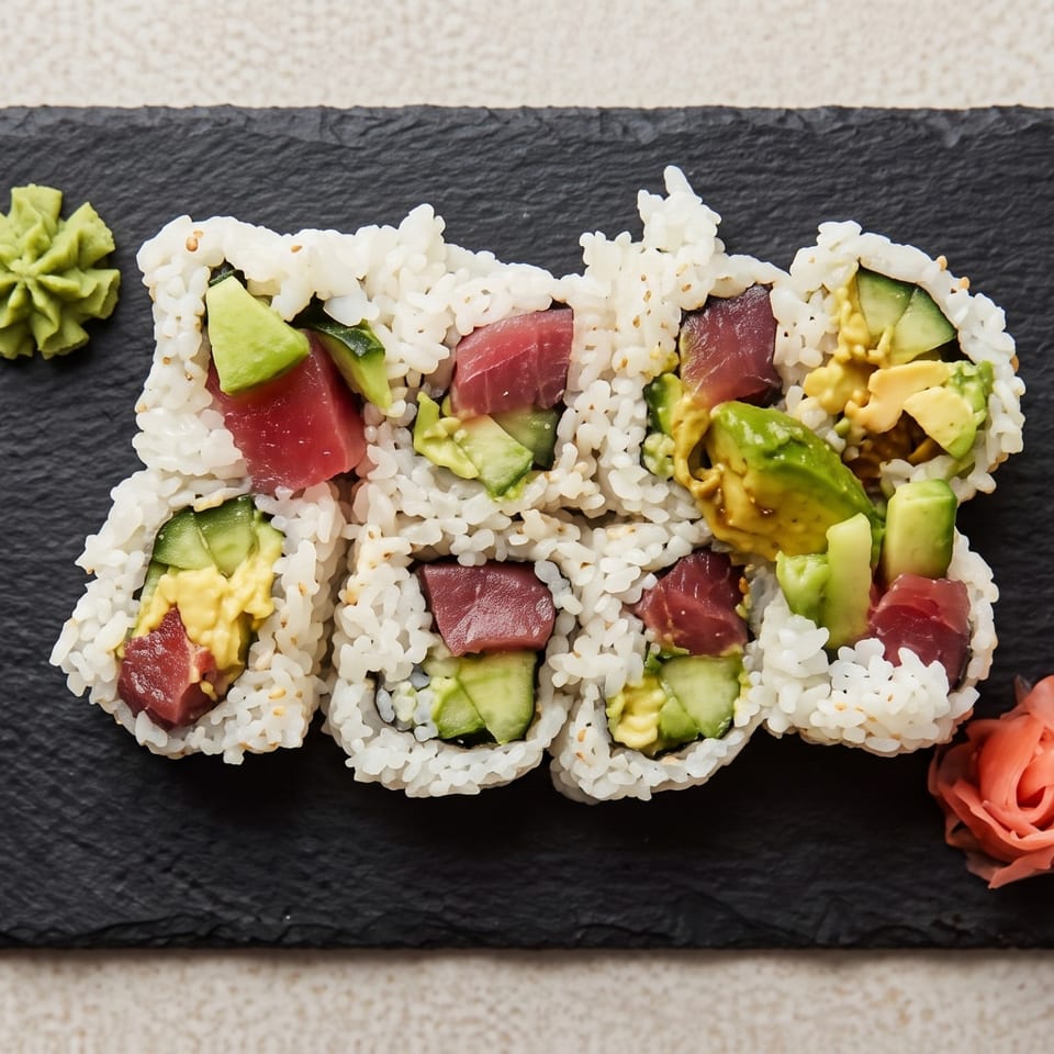 Sushi roll filled with tuna, avocado, cucumber, and sesame rice, served on a black slate plate with wasabi and pickled ginger.